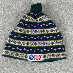 Vintage Swix Ski Hat Beanie Fair Isle Snowflake Green Purple Wool Blend Sweden
